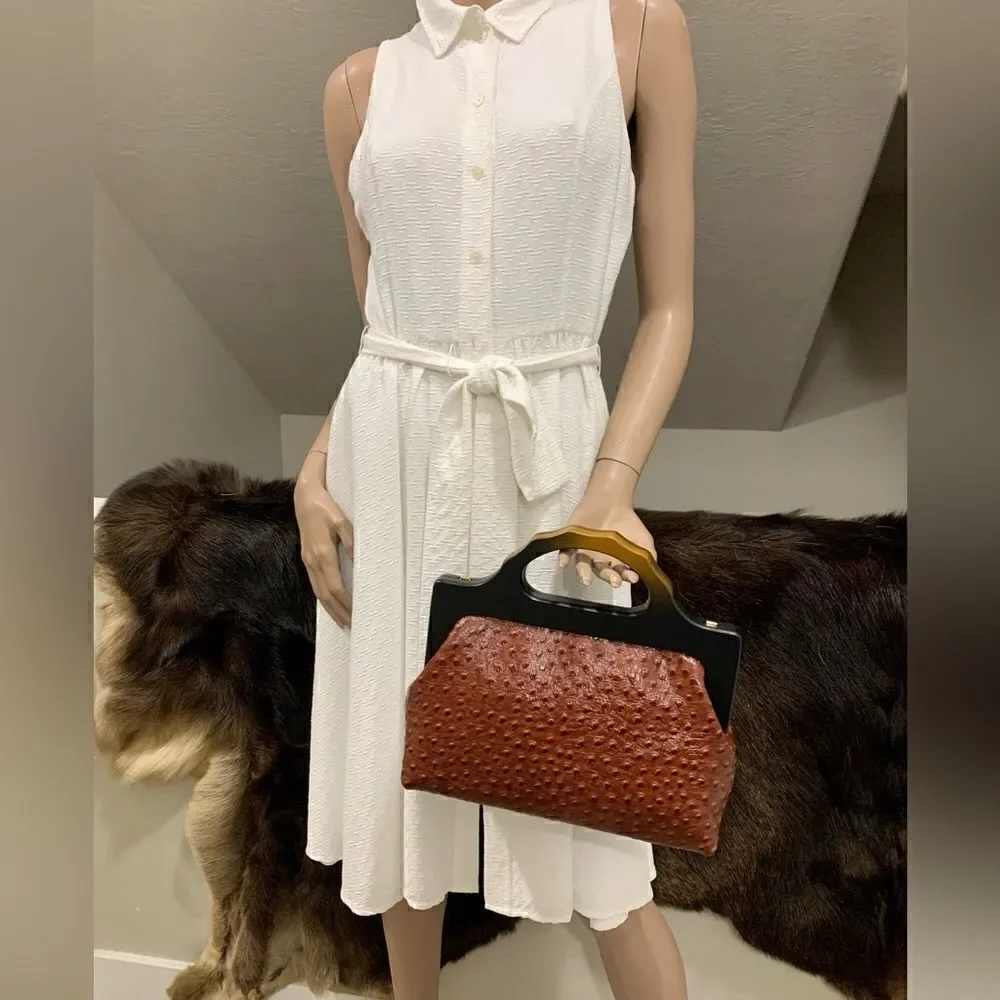 Handmade Genuine Ostrich Textured Cowhide, Wooden Frame Top Handle Satchel
